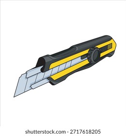 Ilustração de vista superior de uma arte vetorial de faca utilitário industrial com um sistema de lâmina snap-off. O design elegante em preto e amarelo representa segurança e precisão para uso em armazém, escritório e artesanato. Ideal para design de embalagem, guias DIY e visuais de equipamentos de papelaria.