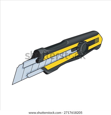 Top view illustration of an industrial utility knife vector art featuring a snap-off blade system. The sleek black and yellow design represents safety and precision for warehouse, office, and crafting use. Ideal for packaging design, DIY guides, and stationery equipment visuals.