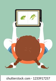 Top View Illustration of a Kid Girl Sitting Down and Reading a Book App on Tablet PC