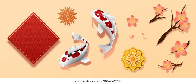 Top view illustration of koi, red couplet, and blossom flower isolated on orange background. Elements symbolizing luck, flourishing and prosperous