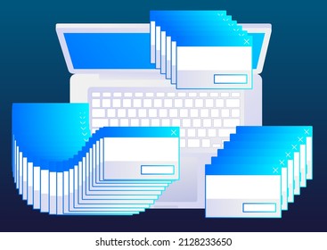 Top view illustration of laptop in flat cartoon style. Error message