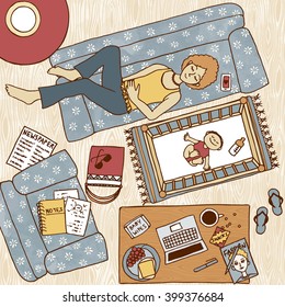 Top view illustration of a mom taking a nap on the couch with her baby sleeping next to her in the baby bed