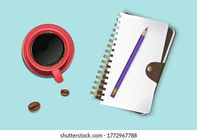 top view illustration with open notebook and blank pages next to cup of coffee, ready for adding text or mockup. vector eps 10 format illustration