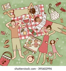 Top view illustration of people with their children having picnic in the park