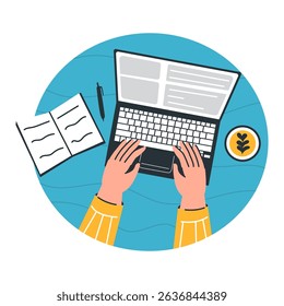Top view illustration of a person typing on a laptop with a coffee cup, notebook, and pen nearby, depicting a modern and productive workspace.
