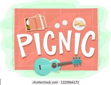 Top View Illustration of a Picnic Blanket with Basket, Sandwiches and Guitar on the Spread