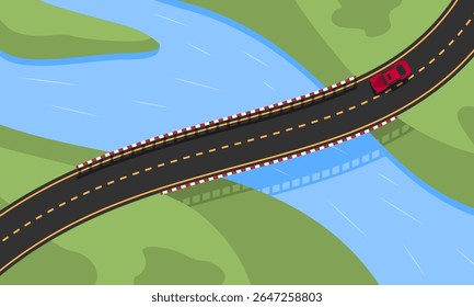 Top view illustration of a red car driving over a curved bridge crossing a blue river, surrounded by green landscape. Concept of transportation, travel, and infrastructure