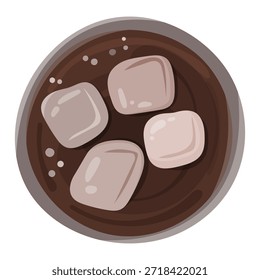 Draufsicht Abbildung eines erfrischenden braunen Eisgetränks in einem Glas mit Eiswürfeln. Minimale flache Laitzusammensetzung, kaltes Getränkekonzept. Geeignet für Menü-Design, Café oder Restaurant Branding, Sommer-Aktionen, Social Media-Beiträge, Verpackungen, Plakate und Flyer