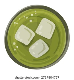 Draufsicht Abbildung eines erfrischenden grünen Eisgetränks in einem Glas mit Eiswürfeln. Minimale flache Laitzusammensetzung, kaltes Getränkekonzept. Geeignet für Menü-Design, Café oder Restaurant Branding, Sommer-Aktionen, Social Media-Beiträge, Verpackungen, Plakate und Flyer