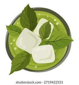 Draufsicht Illustration eines erfrischenden grünen Eisgetränks mit Eiswürfeln und Minzblättern im Glas. Minimale flache Laitzusammensetzung, kaltes Getränkekonzept. Geeignet für Menü-Design, Café oder Restaurant Branding, Sommer-Aktionen, Getränke-Menüs, Social Media-Beiträge, Verpackungen, Plakate und Flyer