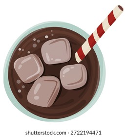 Ilustración de vista superior de una bebida refrescante de café helado en un vaso con cubitos de hielo y paja a rayas. Mínima composición plana, concepto de bebida fría. Adecuado para menús de cafetería o cafetería, conceptos de postres, promociones de verano, publicaciones en redes sociales, empaques, carteles y volantes