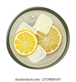 Draufsicht Illustration eines erfrischenden Zitroneneisgetränks in einem Glas mit Eiswürfeln und Zitronenscheiben. Minimale flache Laitzusammensetzung, kaltes Getränkekonzept. Geeignet für Menü-Design, Café oder Restaurant Branding, Sommer-Aktionen, Getränke-Menüs, Social Media-Beiträge, Verpackungen, Plakate und Flyer
