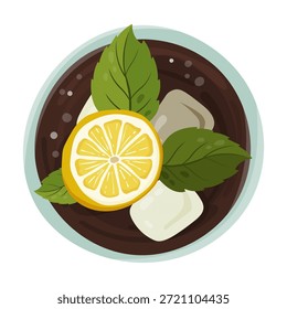 Top view illustration of a refreshing lemon mint iced drink in a glass with ice cubes, lemon slice and mint leaves. Minimal flat lay composition, cold beverage concept with dark tone. Suitable for menu design, cafe or restaurant branding, bar menus, summer promotions, social media posts, packaging, posters and flyers