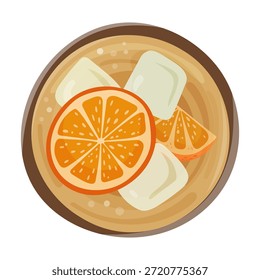 Ilustración de vista superior de una bebida helada de naranja refrescante en un vaso con cubitos de hielo y rodajas de naranja. Mínima composición plana, concepto de bebida fría. Adecuado para el diseño de menús, marcas de cafeterías o restaurantes, promociones de verano, menús de bebidas, publicaciones en redes sociales, empaques, carteles y volantes