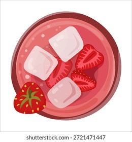 Ilustración de vista superior de una refrescante bebida helada de fresa en un vaso con cubitos de hielo y trozos de fresa fresca. Mínima composición plana, concepto de bebida fría. Adecuado para el diseño de menús, marcas de cafeterías o restaurantes, promociones de verano, menús de bebidas, postres o batidos, publicaciones en redes sociales, empaques