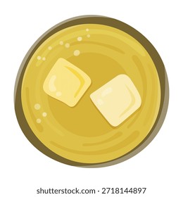 Draufsicht Abbildung eines erfrischenden gelben Eisgetränks in einem Glas mit Eiswürfeln. Minimale flache Laitzusammensetzung, kaltes Getränkekonzept. Geeignet für Menü-Design, Café oder Restaurant Branding, Sommer-Aktionen, Social Media-Beiträge, Verpackungen, Plakate und Flyer