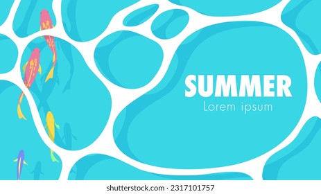 Top view illustration of sea water surface and tropical fish with light reflections. Summer banner background with copy space.