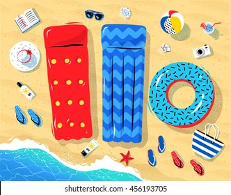 Top view illustration of seaside vacation objects lying on sand near sea surf.