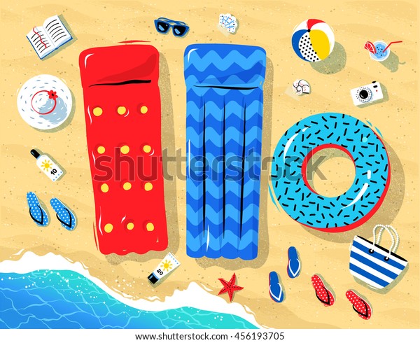 Top view illustration of seaside vacation\
objects lying on sand near sea\
surf.