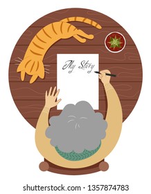 Top View Illustration of a Senior Woman Writing a Draft of Her Autobiography with a Pot of Cactus and a Cat on a Table
