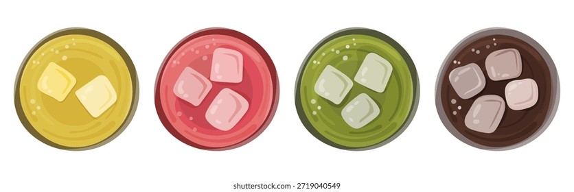 Ilustración de vista superior de un conjunto de bebidas heladas refrescantes en vasos con cubitos de hielo, mostrados en diferentes colores y sabores. Composición plana mínima, concepto de colección de bebidas frías. Adecuado para el diseño de menús, marcas de cafeterías o restaurantes, promociones de verano, menús de bebidas, publicaciones en redes sociales y empaques