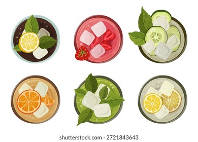 Top view illustration of a set of refreshing iced drinks in glasses with ice cubes, fruits and herbs, including lemon, strawberry, cucumber, orange and mint. Minimal flat lay composition, cold beverage collection concept. Suitable for menu design, cafe or restaurant branding, drink menus, summer promotions, social media posts, packaging, posters and flyers