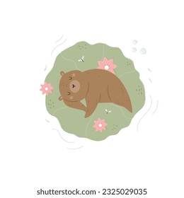 Top view illustration of a sleeping bear floating in the pond. Vector image for prints, posters, nursery decorations