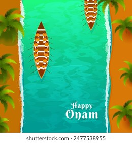 Top view illustration of Snake Boat Racing (Vallamkali) on Tropical Beach Landscape for Onam festival celebration concept.