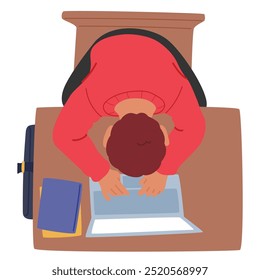 Top View Illustration Of Student Sitting At Desk, Typing On A Laptop. Character Wearing Red Sweater And Surrounded By Study Materials, Including A Notebook And A Book Represents Focus Or Concentration