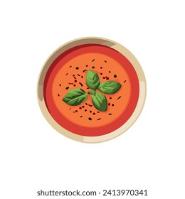 Una imagen de arriba de la sopa de tomate con Basil Garnish