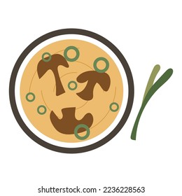 Top view illustration of vegan miso soup with mushroom and green onion. Vector stock illustration isolated on white background. Flat style