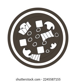 Top view illustration of vegan miso soup with mushroom tofu seaweed green onion in black and white. Vector stock illustration isolated on white background. Outline style