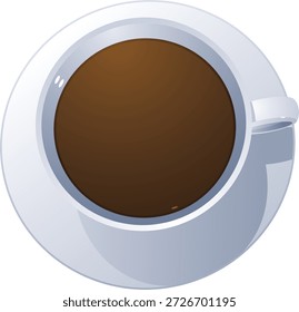 Una ilustración de vista superior de una taza de cerámica blanca llena de una bebida caliente oscura, probablemente café o té, descansando en un platillo blanco a juego. El mango es visible en el lado derecho, lo que lo hace ideal para menús de cafetería, marca de bebidas y proyectos mínimos de diseño de alimentos.