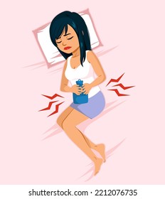 Top View Illustration Of Young Beautiful Woman In Painful Expression Holding Her Belly With Hot Water Bottle Suffering Menstrual Period Cramps Lying Sad On Home Bed. Female Health Concept