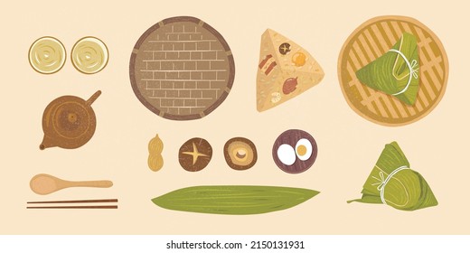 A top view illustration of zongzi with ingredients like egg, pork, peanut, and tea set for Dragon Boat Festival