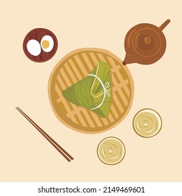 A top view illustration of zongzi with tea, teapot, egg, and bamboo basket, representing the traditional Dragon Boat Festival meal