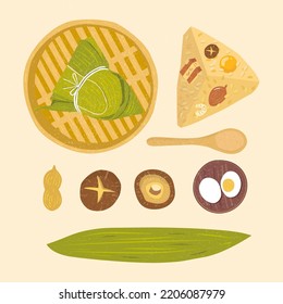 A top view illustration of zongzi with its traditional ingredients like egg yolk, pork, mushroom, and peanuts, for Dragon Boat Festival use