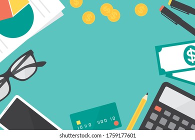 Imagen de vista superior del área de trabajo de contadores con suministros de oficina que incluyen calculadora, smartphone, billetes, monedas y más. Concepto de negocio y finanzas. Ilustración vectorial de diseño plano.