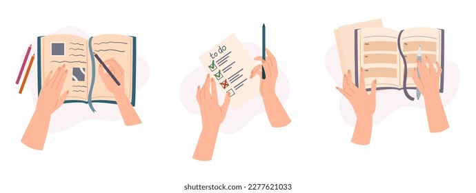 Top View Image Of Hands Holding Pen And Making Notes or To-do List On Paper Notebook or Diary. Process Of Writing, Educational, Office Or Creative Concept. Cartoon Vector Illustration, Icons