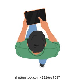 Top View Image Of A Man Walking While Holding A Tablet Device, Male Character Showcasing Modern Technology And Mobility In A Simple Yet Efficient Manner. Cartoon People Vector Illustration