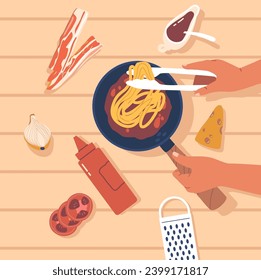 Top View Image Shows Pasta Preparation Process. Human Hands Cooking Spaghetti With Sauce On Pan With Scatter Ingredients