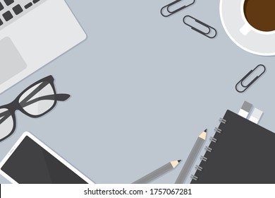 Top view image of workspace with office supplies including notebook, laptop computer, smartphone and stationery. Business concept. Flat design vector illustration.