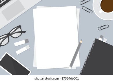 Top view image of workspace with office supplies including empty sheet paper, notebook, laptop computer, smartphone and stationery. Business concept. Flat design vector illustration.