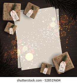 Top view of important day with gift box with christmas tree branches decoration on wood background concept. Empty and blank space with vintage style. Holiday design, decor. Vector illustration.