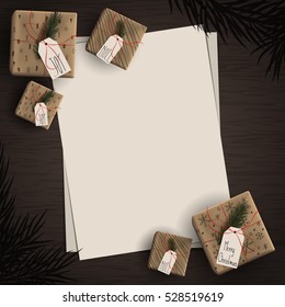 Top view of important day with gift box with christmas tree branches decoration on wood background concept. Empty and blank space with vintage style. Holiday design, decor. Vector illustration.