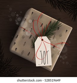 Top view of important day with gift box with christmas tree branches decoration on wood background concept. Empty and blank space with vintage style. Holiday design, decor. Vector illustration.