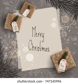 Top view of important day with gift box with christmas tree branches decoration on background with snowflakes. Empty and blank space with vintage style. Holiday design, decor. Vector illustration.