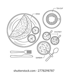 Top view of indian breakfast set includes dosa plate with side dishes sambar chutney cutlery and tea cup line icon.