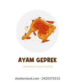 Top view indonesian food Smashed chicken or ayam geprek vector illustration logo