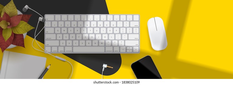 Top view indoor office workspace with 3d realistic keyboard, note, smartphone, desk plant vector